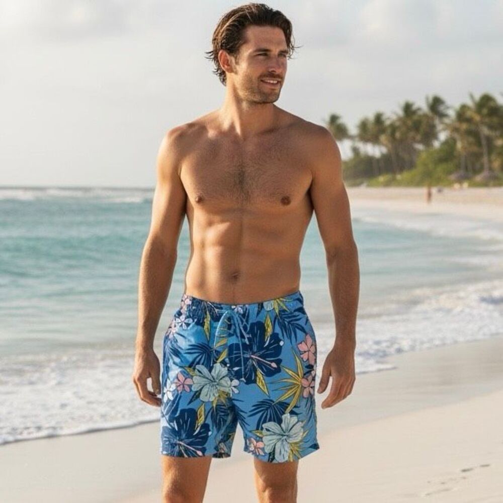 George Men’s Blue Hawaiian Lined Swim Trunks Shorts Sz L 36-38
